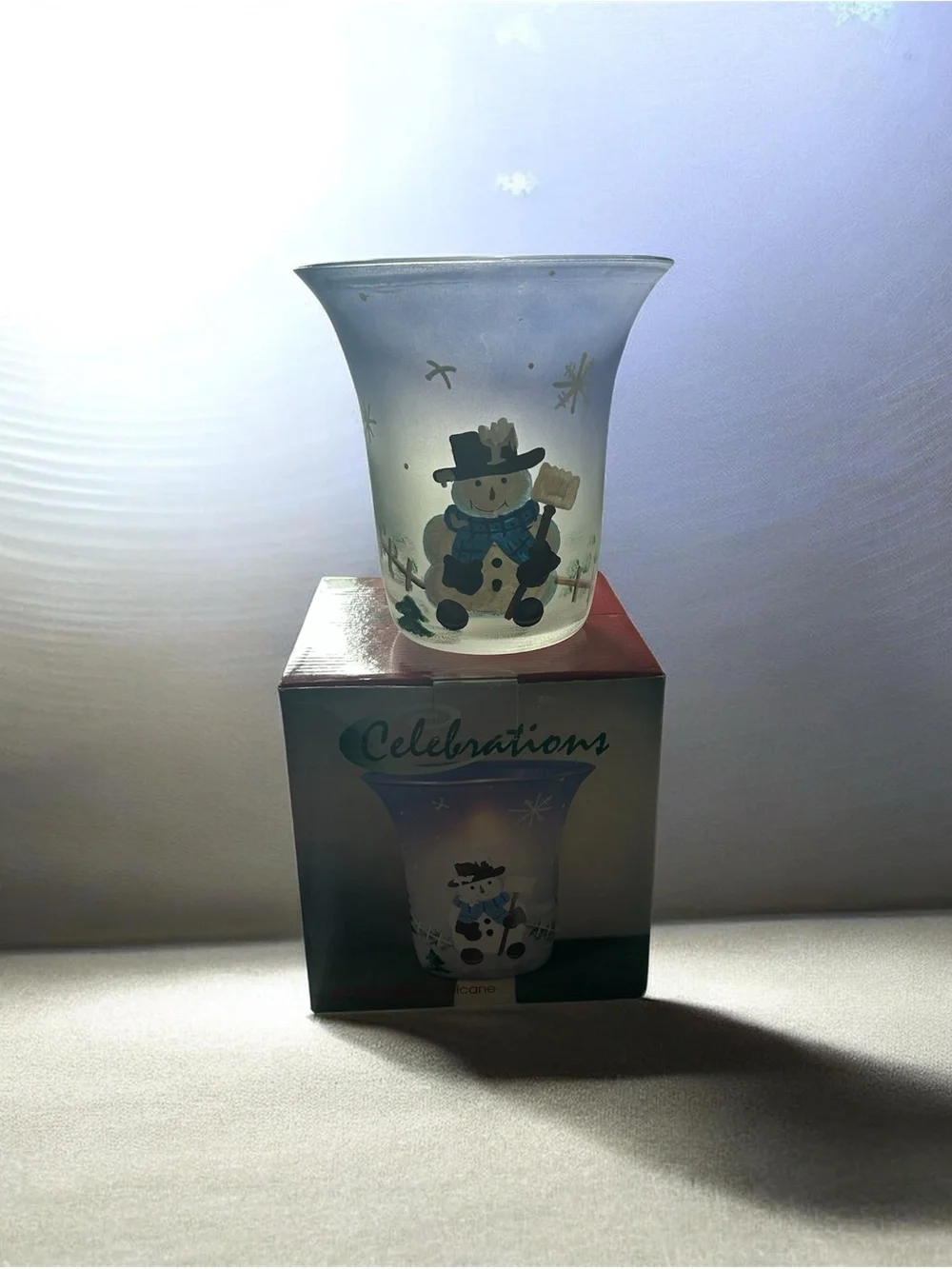 6” Frosted Snowman Hurricane- Blue/White Brand New in Box